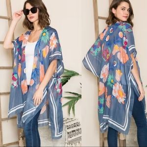 Woven Heart women's blue floral kimono topper cover up one size fits all
